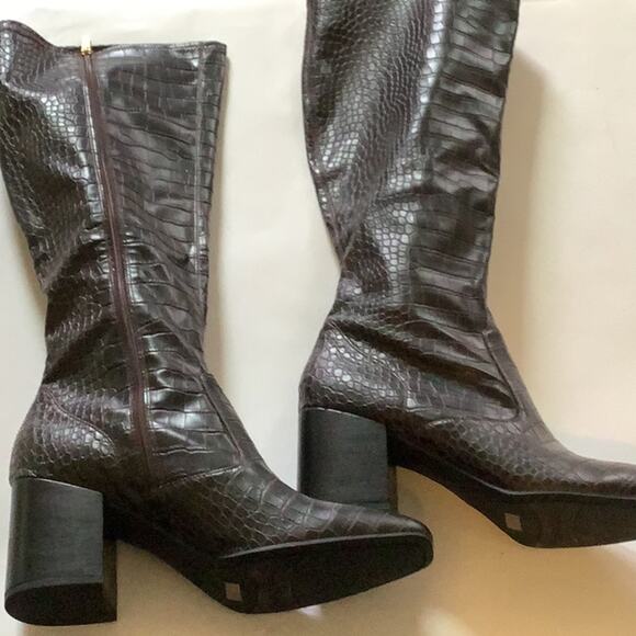 Franco Sarto Croc-Embossed Heeled Boots in Rich Brown - Picture 1 of 5